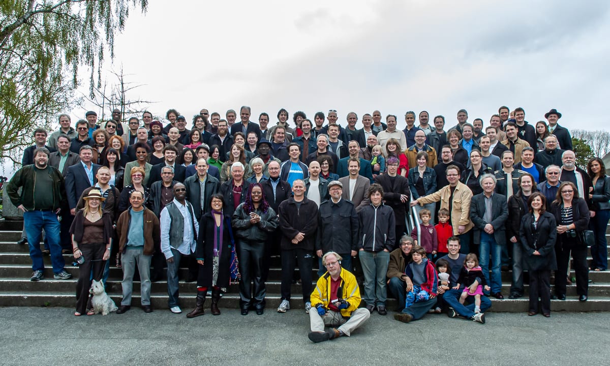 A hundred and four musicians on the steps at Queen Elizabeth Park